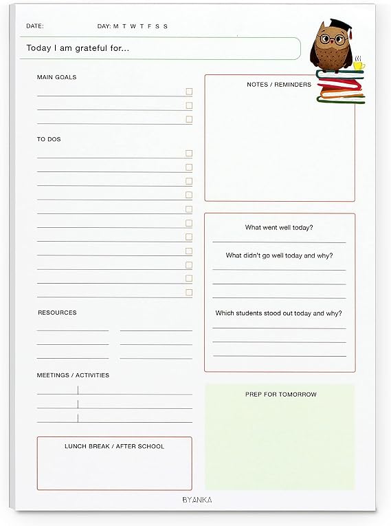 BYANIKA Teacher Daily Organiser - 50 Tear-Off Sheets | Back To School Stationery Supplies | Lesson Planner | Plan Day, Week, Goals, To-Do, Meetings & Activities | Includes Post-Class Reflection Box