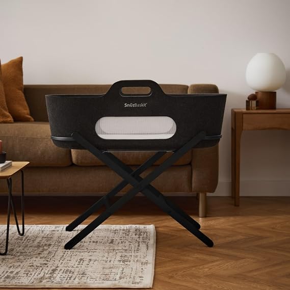SnuzBaskit Moses Basket with Mattress & Folding Stand Bundle, Breathable Mesh Windows, Travel Crib, Suitable for Newborn to 6 Months, Stylish & Versatile for Home or Travel, Graphite & Graphite
