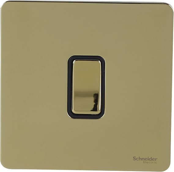 Schneider Electric Ultimate Screwless Flat Plate - Single Retractive 2 Way Light Switch, 16AX, GU1412RBPB, Polished Brass with Black Insert