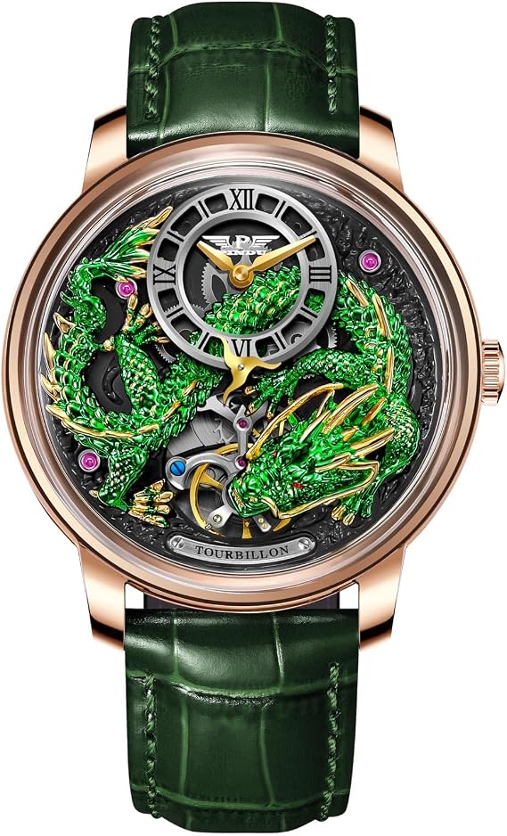 Automatik Uhr Herren - 3D Drache Design Herrenuhr Automatik mit Lederarmband 45.5mm Edelstahlgehäuse Luxuriöse Uhr Herren für Alltag & Festlichkeiten