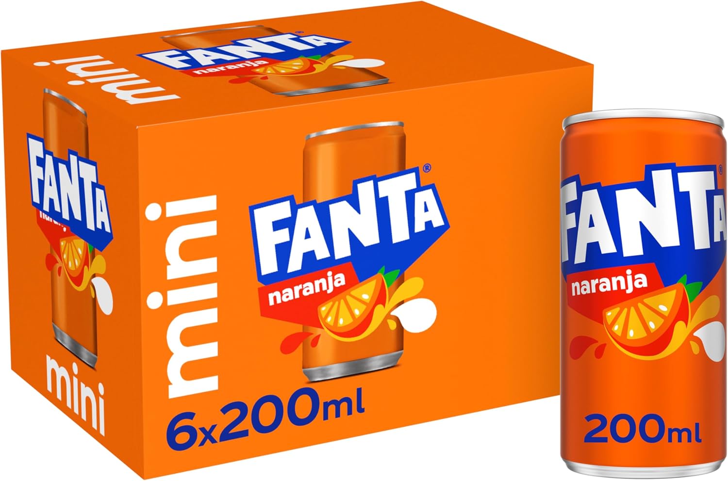 Fanta Orange - Soft Drink with 8% Orange Juice, Low Calorie - Pack 6 Mini Tins 200ml