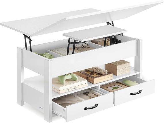 VASAGLE Coffee Table, Height Adjustable, 2 Drawers, with Gas Piston