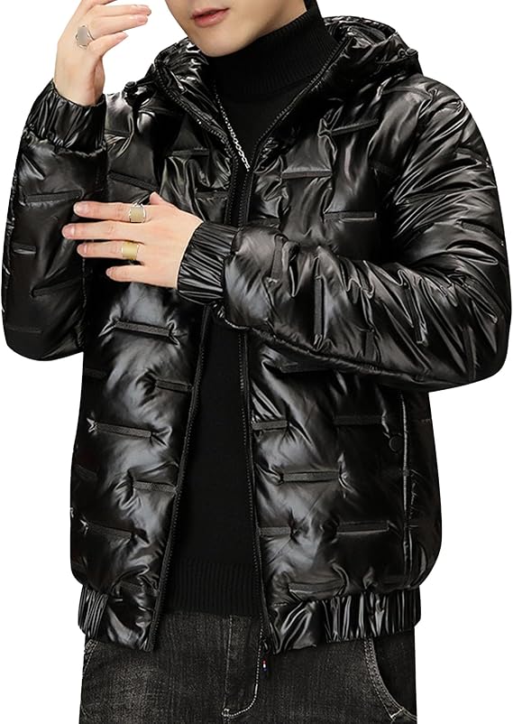 Men's Winter Glossy Padded Hood Coat Metallic Full Zip Down Quilted Jacket Thicken Warmth Puffer Jackets