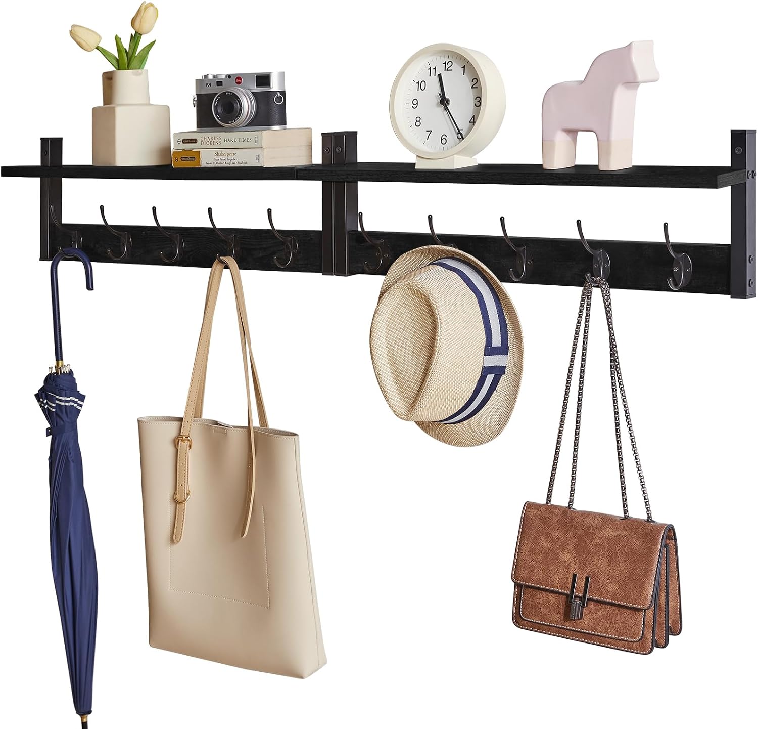 YMYNY Wall Mounted Coat Rack Shelf Set of 2, Entryway Coat Hanger with 10 Hooks, Floating Shelf with Hat Rack, Kitchen, Bedroom, Bathroom, Black 120 × 11× 19.5CM HWS004B-2