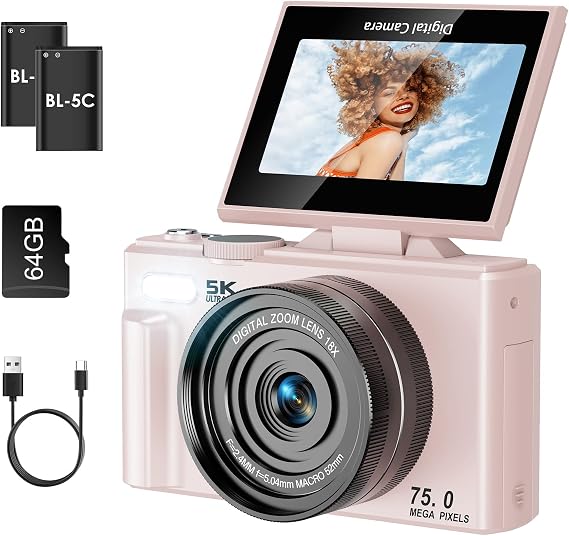 5K Digital Camera, with WiFi Transfer, 75MP Autofocus Vlog Camera