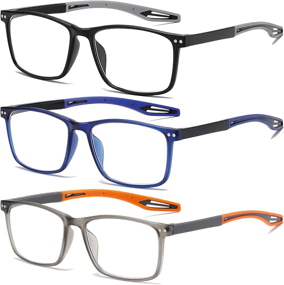 3 Pack Reading Glasses for Men Sporty Style Blue Light Blocking Square Frames Lightweight Comfortable Readers