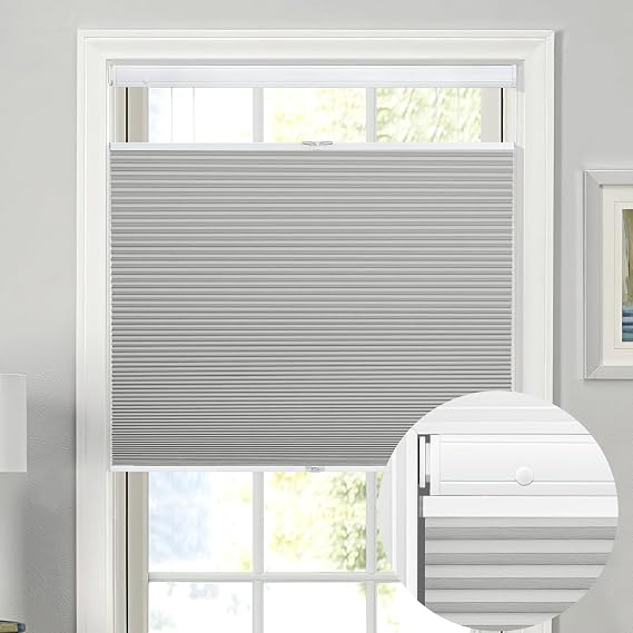 Top Down Bottom Up Honeycomb Blinds No Drill No Tools Cordless Cellular Pleated Shades 100% Blackout Thermal Window Shades Custom for Home Bedroom Office (Gray, 115cm W x 180cm H)