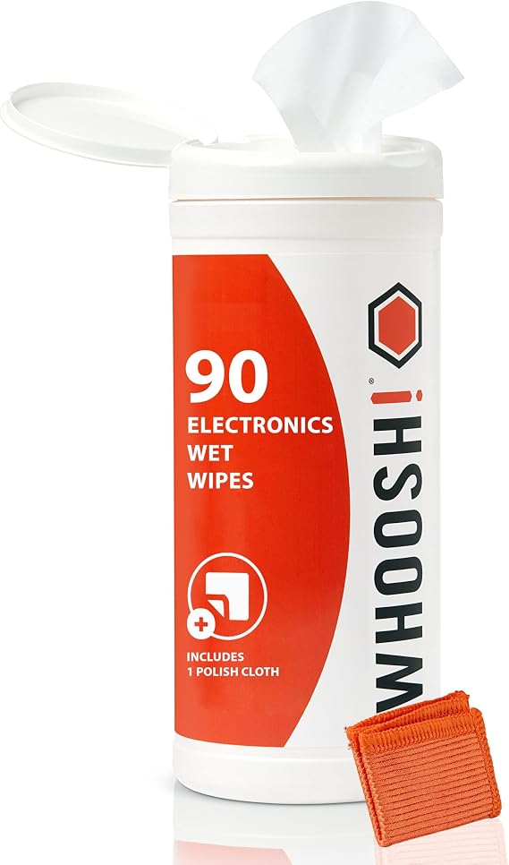 WHOOSH! Screen Shine 90 Electronic Wipes with Microsuede Cloth - Lint-Free, Non-Abrasive Wipe Design with Streak-Free Finish - Glasses Wipes for TV, Phone, Laptop, Computer and Cameras