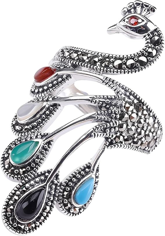 IMINI Vintage Peacock Statement Wrap Open Ring for Women, Antique Silver Plated & Colourful Stone - Adjustable Knuckle Band, Comfort Fit Rhinestone Boho Ethnic Cocktail Jewellery Gift for Her