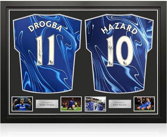Didier Drogba & Eden Hazard Signed Chelsea 2024-25 Football Shirts. Framed