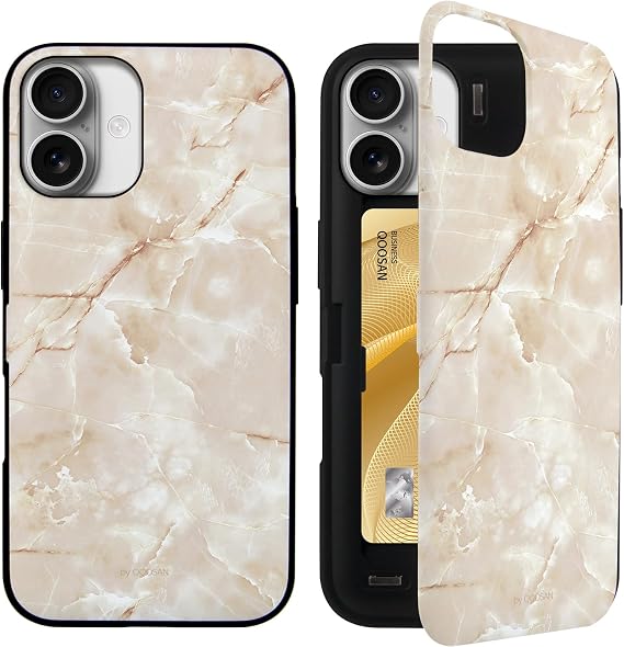 iPhone 16 Plus用ケース カードホルダー付き ウォレット キックスタンド ミラー 保護 スリム 携帯電話ケース iPhone 16 Plus 6.7インチ用、マーブルベージュ