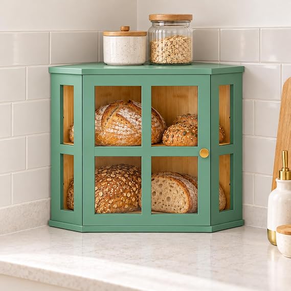 Corner Bread Bin, Bamboo Bread Bins for Kitchen, Green Breadbin