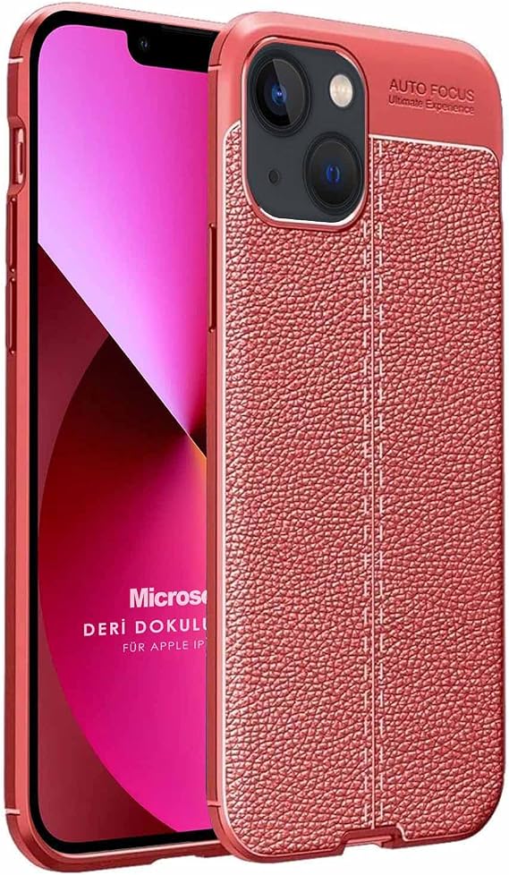 Microsonic Apple iPhone 13 Mini için Kılıf Deri Dokulu Silikon Kırmızı [iPhone 13 Mini ile Uyumlu Kılıf - Kırmızı]