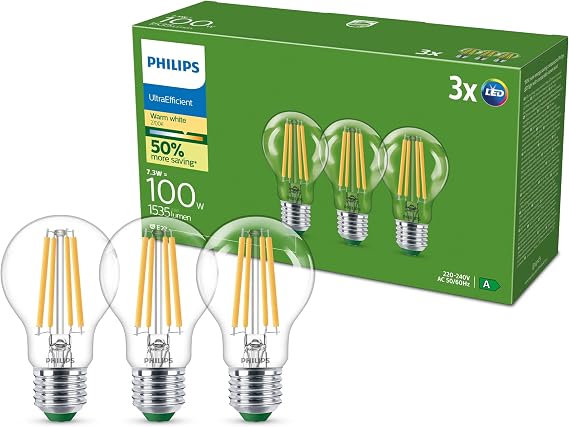 Philips Ultra Efficient LED Filament Bulb A60 E27 1535lm 7.3W Pack of 3 [Energy Class A]