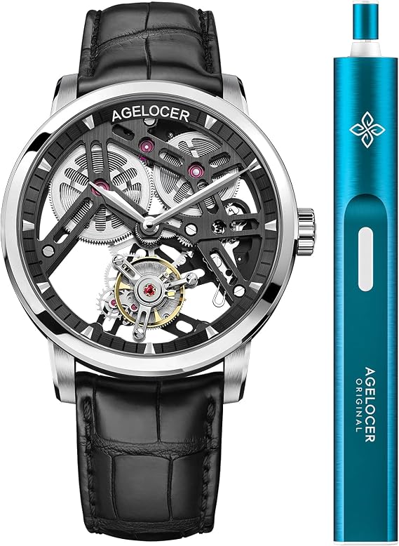 agelocer Men's Double-Sided Hollow Tourbillon Hand-Operated Mechanical Leather Wristwatch (NK_9001A1)