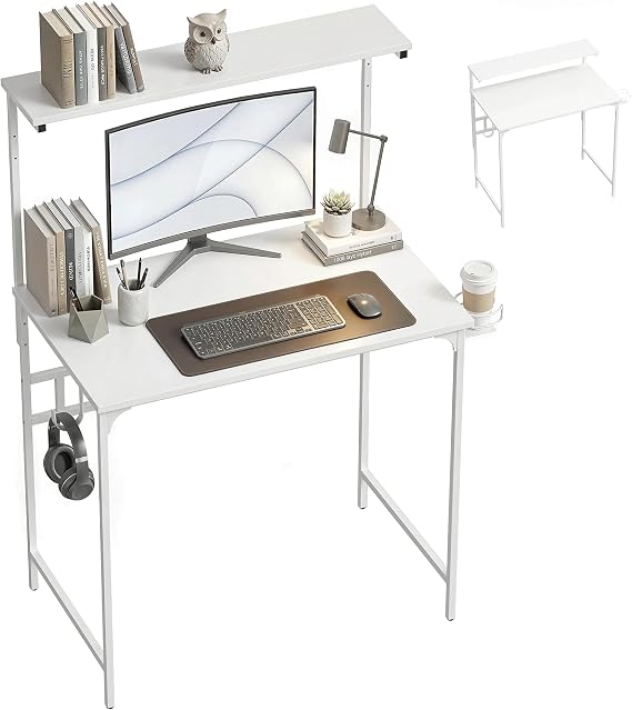 HOMCOM Computer Desk with Adjustable Tabletop Shelf, Cup Holder 80cm White