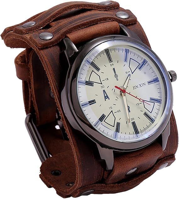Pointer Watch Fashion Adjustable Leather Bracelet Wide Belt Strap Wristwatch Movement Vintage Alloy Iron -friendly Suitable for, Brown