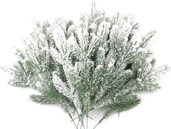 30 Pcs Snowy Artificial Pine Branches 28.7cm Frosted Christmas Tree Filler Flocked Pine Picks Foliage Stems for Craft Decorations Wreath Garland