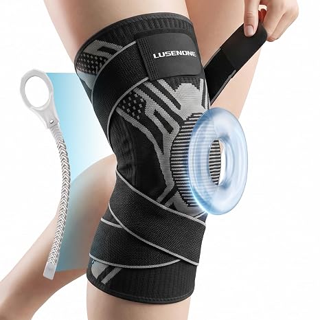 Lusenone Adjustable Knee Support with Side Stabilizers & Patella Gel Pad, Knee Brace for Women/Men, Compression Knee Sleeves for Arthritis, Meniscus Tear, Ligament Damage, MCL, ACL, Running, Sports