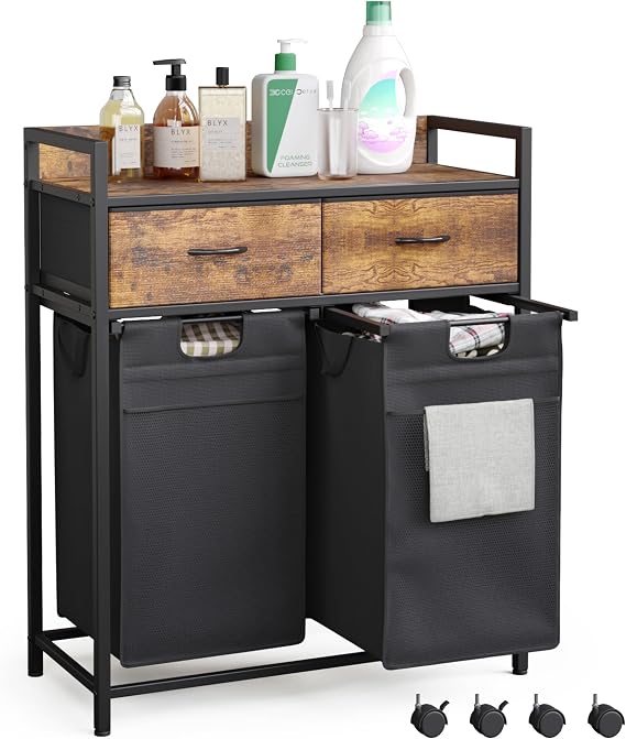 Mondeer Laundry Basket, 2 Compartments Laundry Hamper 100L, 2 Drawers