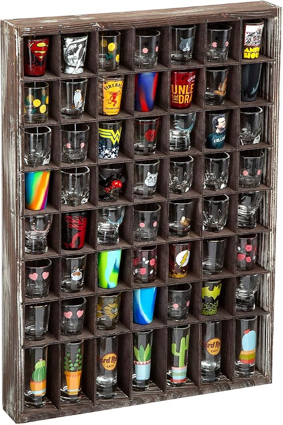 J JACKCUBE DESIGN - Rustic Wood Shot Glasses Display Case 56 Compartments Wall Mount Pint glass Shadow box Bar Cabinet Collection Freestanding - MK524A