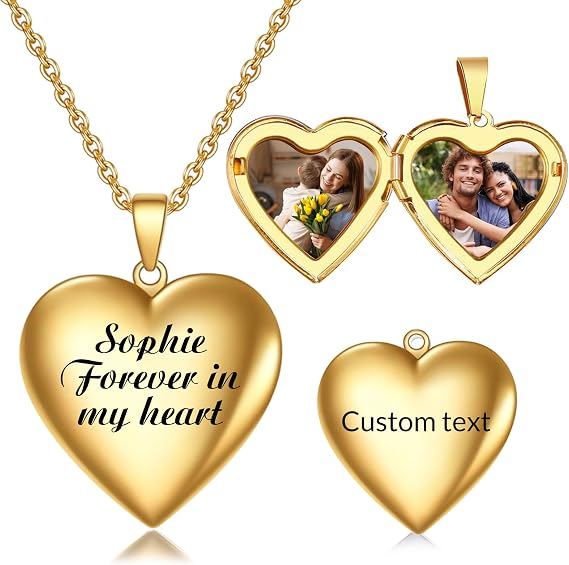 Personalised Locket Necklace with Picture Inside - Custom Photo Heart Locket Necklace with Engraved Text, Personalised Jewellery Gifts for Women and Girls