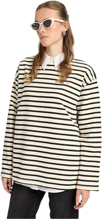 Kadın Çizgili Basic Sweatshirt