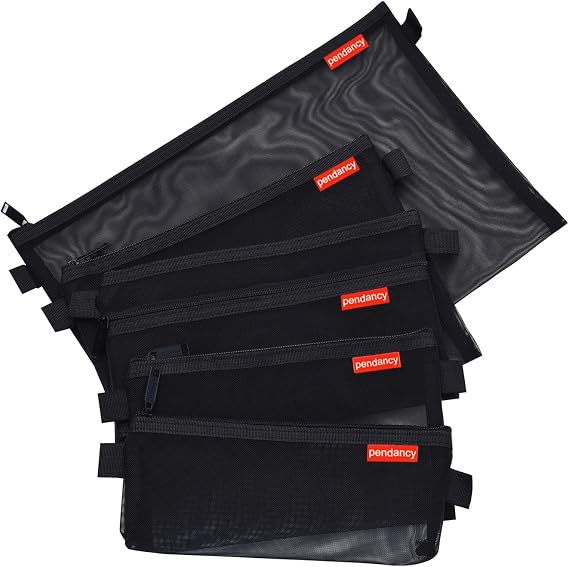 A4 Mesh Pouch Mesh Bags Zipper Wallets Pencil Case, A4 A5 A6, 5Pcs, Black