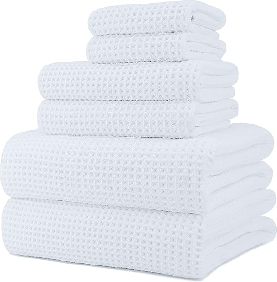 Polyte Set of 6 Waffle Microfiber Bath Towels Quick Dry 430gsm
