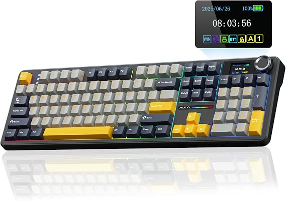 AULA F108 Pro Wireless Gaming Keyboard,Full Size Mechanical Keyboards with Display&Knob,2.4G/BT5.0/USB-C,Five Layers Filling,8000mAh,RGB,Creamy Sound,Hot Swappable Custom Keyboard (Grey&Yellow)