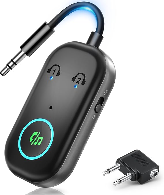 2025 New Bluetooth 5.3 Transmitter Receiver, 2-in-1 Airplane Bluetooth Adapter Compatible with 2 AirPods or Wireless Headphones, 3.5mm AUX Jack Wireless Audio Transmitterfor TV, Home Stereo, Car