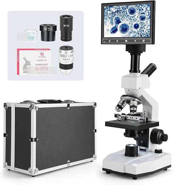 [Blood Version] Vabiooth Dual-View Compound Monocular Microscope 40X-2500X Magnification with 7" LCD Screen 5MP E-Eyepiece, Adjustable Mechanical Stage, Aluminum Carry Box for observing Live Blood
