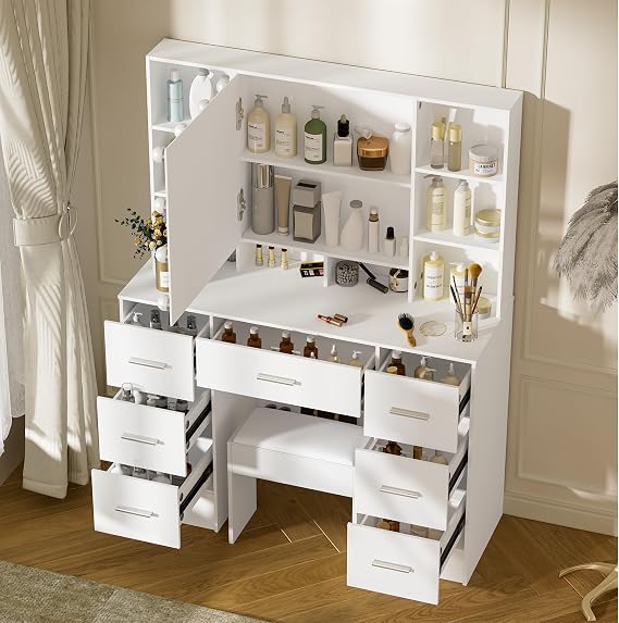 Large Dressing Table with LED Lights and Mirror, Vanity Makeup Table with Stool and Drawers for Daughter, Adjustable Brightness, 3 Color Temperatures, White, 100x40x140 cm