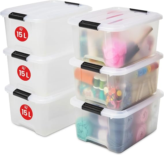 Iris Ohyama Kapaklı Plastik Saklama Kutuları, 15L, 6'lı Set, Şeffaf