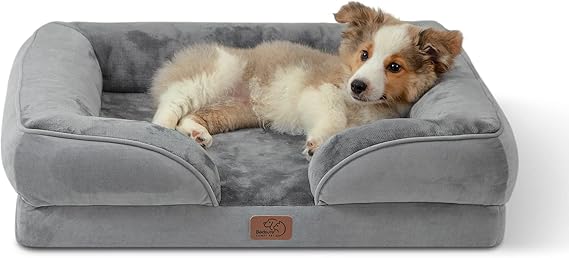 Bedsure Medium Dog Sofa Bed - Washable Orthopedic Dog Beds and Couch with Removable Flannel Zipper Cover, Puppy Beds for Small Dogs, Grey Pet Bed, 71x58x16cm