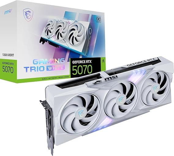 MSI GeForce RTX 5070 12G GAMING TRIO OC WHITE Graphics Card - RTX 5070 GPU, 12GB GDDR7 (28Gbps/192-bit), PCIe 5.0 - TRI FROZR 4 (3 x STORMFORCE FAN) - RGB - HDMI 2.1b, DisplayPort 2.1b