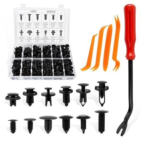 Car Bumper Retainer Clips 240 PCS, Rivets Fasteners Push Retainer Kit Plastic, Door Trim Panel Fender Clips with 12 Most Popular Sizes, For Automotive