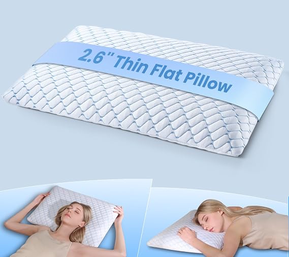 Thin Pillow for Sleeping, Cooling Flat Pillow for Stomach and Back Sleepers, Ultra Slim Stomach Sleeping Pillows for Shoulder Neck Pain Relief, Low Profile Memory Foam Pillows 2.36-inches
