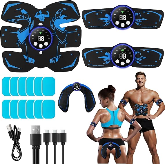 EMS Muscle Stimulator, ABS Trainer, Abdominal Muscle Toner Electronic Workout Home Fitness Device with 8 Modes,29 Intensities,4 Machines,4 Patches,12 Gel,For Abdominal/Arm/Leg/Hip Training