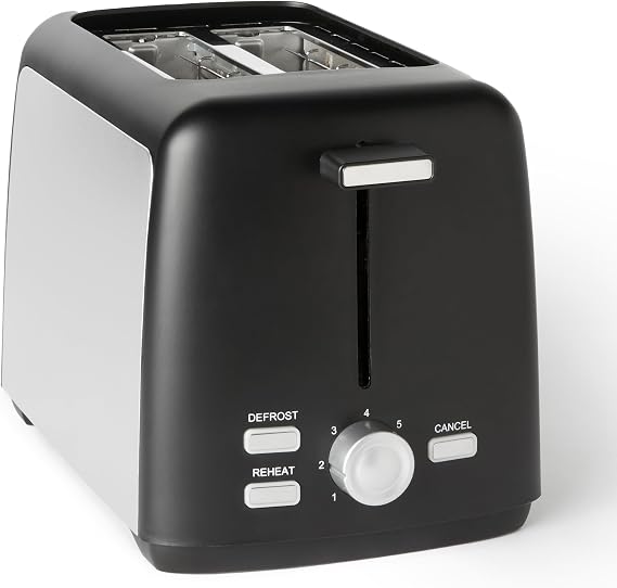 Amazon Basics Toaster 2 Slices with 7 Levels of Toasting and Removable Crumb Tray, Extra Wide Slots, 800W, Black