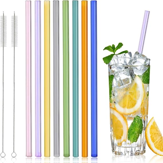 8Pcs Straight Glass Drinking Straws Set, 20cm Multicolour Reusable