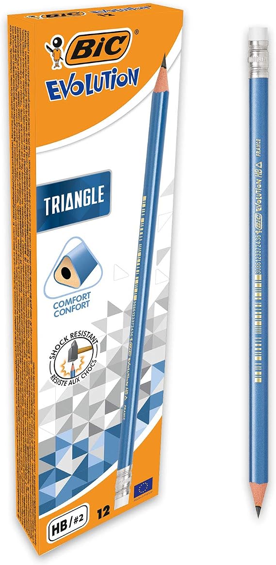 BIC Evolution Triangle Pencils, Triangular with Integrated Eraser, HB, Box of 12