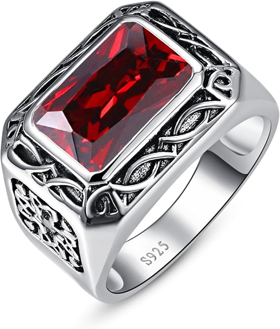 Yaresul 6.85ct 人造メンズルビーリング メンズ ソリッド925スターリングシルバー レッドリング ヴィンテージケルトウェディングアニバーサリーバンド ファッションビジネス/紳士向けギフト サイズ7-12