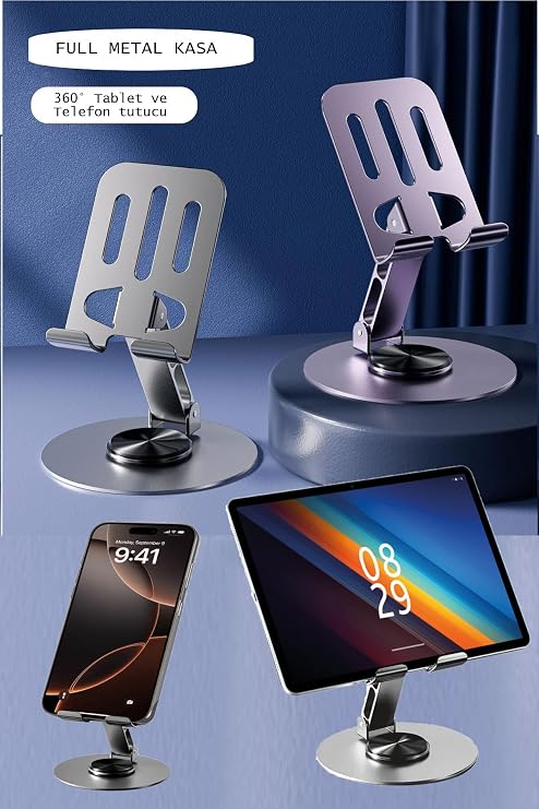 DUFFA Premium Full Metal Masaüstü Tablet ve Telefon Standı - 360° Mekanik Döner Tabanlı Katlanabilir Telefon Tutucu, Tüm Tabletlerle Uyumlu Ayarlanabilir Metal Stand (Uzay Grisi)