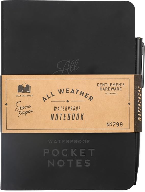 Gentlemen's Hardware Waterproof Notebook 104-Page Pocket Stone Paper Notes with Ballpoint Pen, 12.7cm x 16.51cm, Black