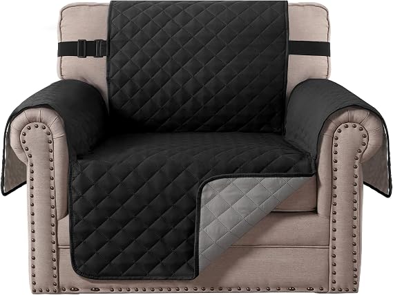 BellaHills Sofa Cover Reversible Armchair Covers Water Repellent Sofa Slipcover from Pets Couch Covers for Cats Checked Pattern Thick Quilted with Elastic Strap (Chair, Black/Grey)