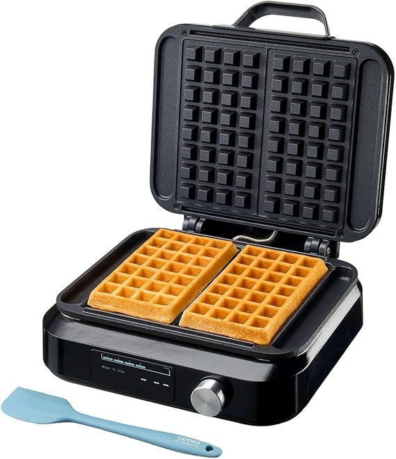 Cooks Professional Digital Double Waffle Maker | Luxury Deep Fill Dual Belgian Waffle Iron Machine with Non-Stick Plates, Adjustable Temperature & Silicone Spatula | 1500W | Black & Silver