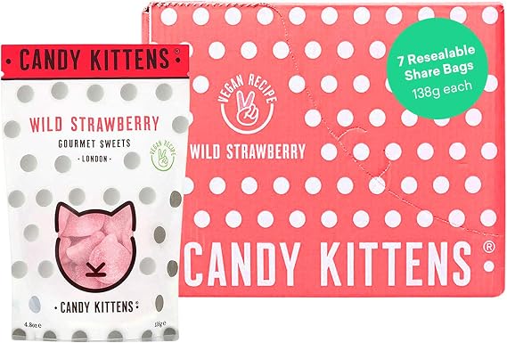 Candy Kittens Vegan Sweets - Gluten-Free - Natural Fruit Flavour Candy - Gummy Chewy Gourmet Sweets - Wild Strawberry, 138g (Pack of 7)