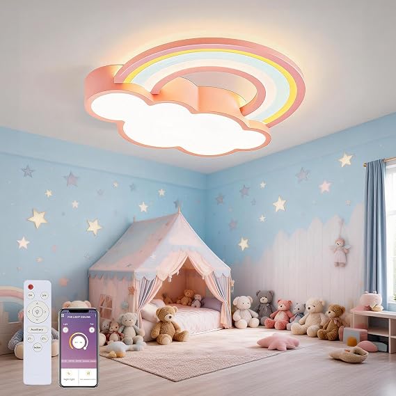 KZT LED Ceiling Lamp Dimmable with Remote Control Modern Rainbow Clouds Pendant Light Children's Room Boy Girl Ceiling Light Cartoon Acrylic Lampshade Chandelier for Bedroom Living Room Hotel, Pink [Energy Class F]