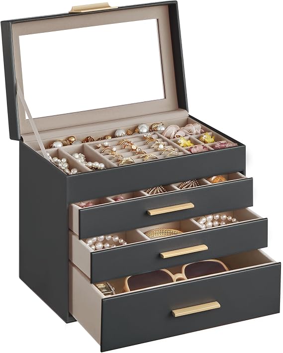 SONGMICS GISELLA Collection - Jewellery Box with Glass Lid, 4-Layer Jewellery Storage Organiser with 3 Drawers, Modern, Gift Idea, Slate Grey and Gold Colour, 15.3 x 25.1 x 21.5 cm JBC161C01